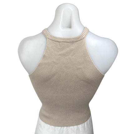 Kourt Women's Beige Sleeveless Ribbed Knit High Neck Cropped Tank Top Size S