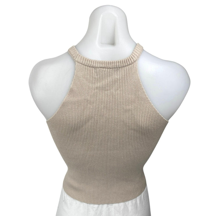 Kourt Women's Beige Sleeveless Ribbed Knit High Neck Cropped Tank Top Size S