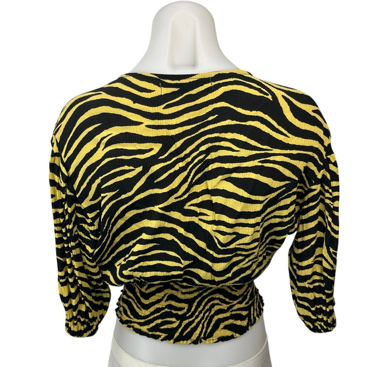 Faithfull The Brand Amaia Zebra Print Yellow Black V-neck Crop Top Blouse Size 2