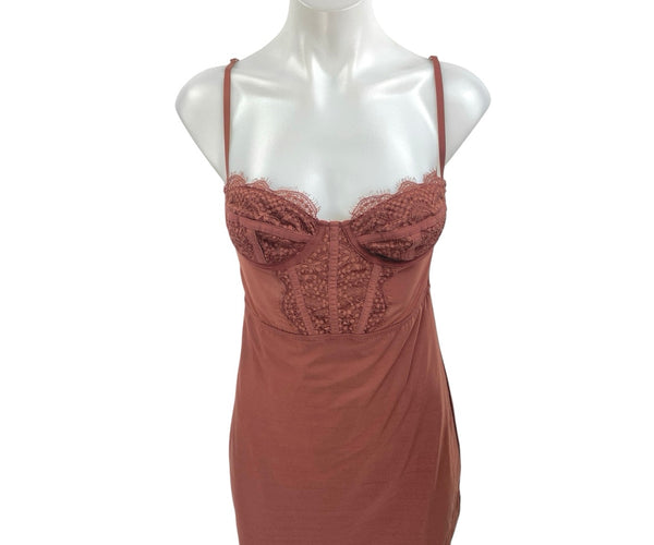 knee length dresses for ladies Urban Outfitters Brown Sleeveless Lace Corset Bustier Mini Slip Dress – Brie