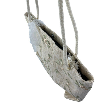 Mazeology Women's Cream Floral Embroidered Straw Lace Shoulder Bag Tote Handbag