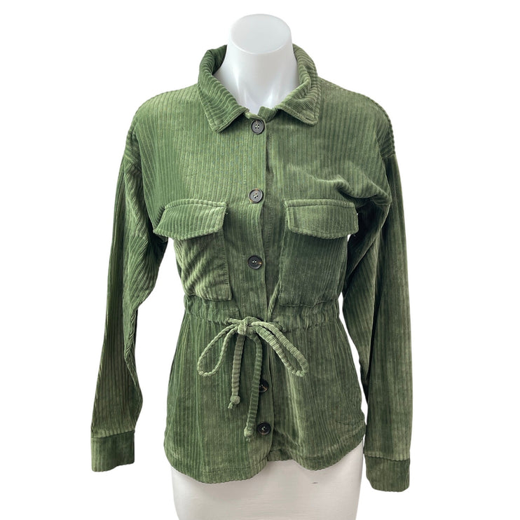 Love Women's Green Corduory Long Sleeve Tie Waist Utility Button Up Jacket Sz S