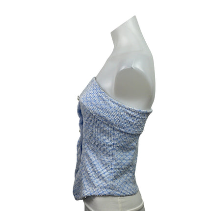 Shein Women's Blue Tweed Strapless Tube Bandeau Button Up Blouse Top Size S
