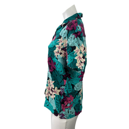 Croft & Barrow Women's Teal Floral Short Sleeve Button Down Camp Shirt Top LP