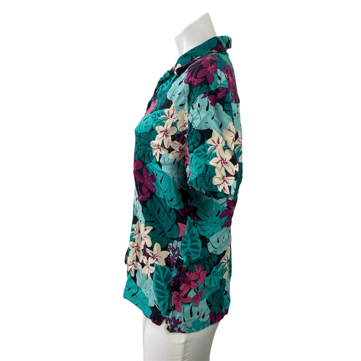 Croft & Barrow Women's Teal Floral Short Sleeve Button Down Camp Shirt Top LP