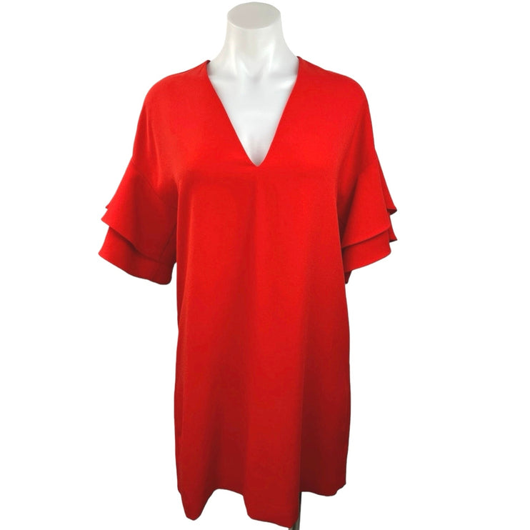 Zara Woman Red V Neck Short Sleeve Ruffled Pullover Mini Career Shift Dress Sz S