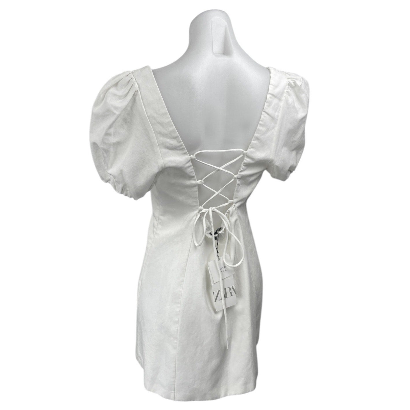 NEW Zara White Short Puff Sleeve Lace Up Back Square Neck Mini A Line – Brie