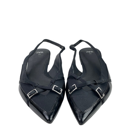 Zara Women's Black Faux Leather Pointed Toe Slingback Buckle Flat Sandals Size 9