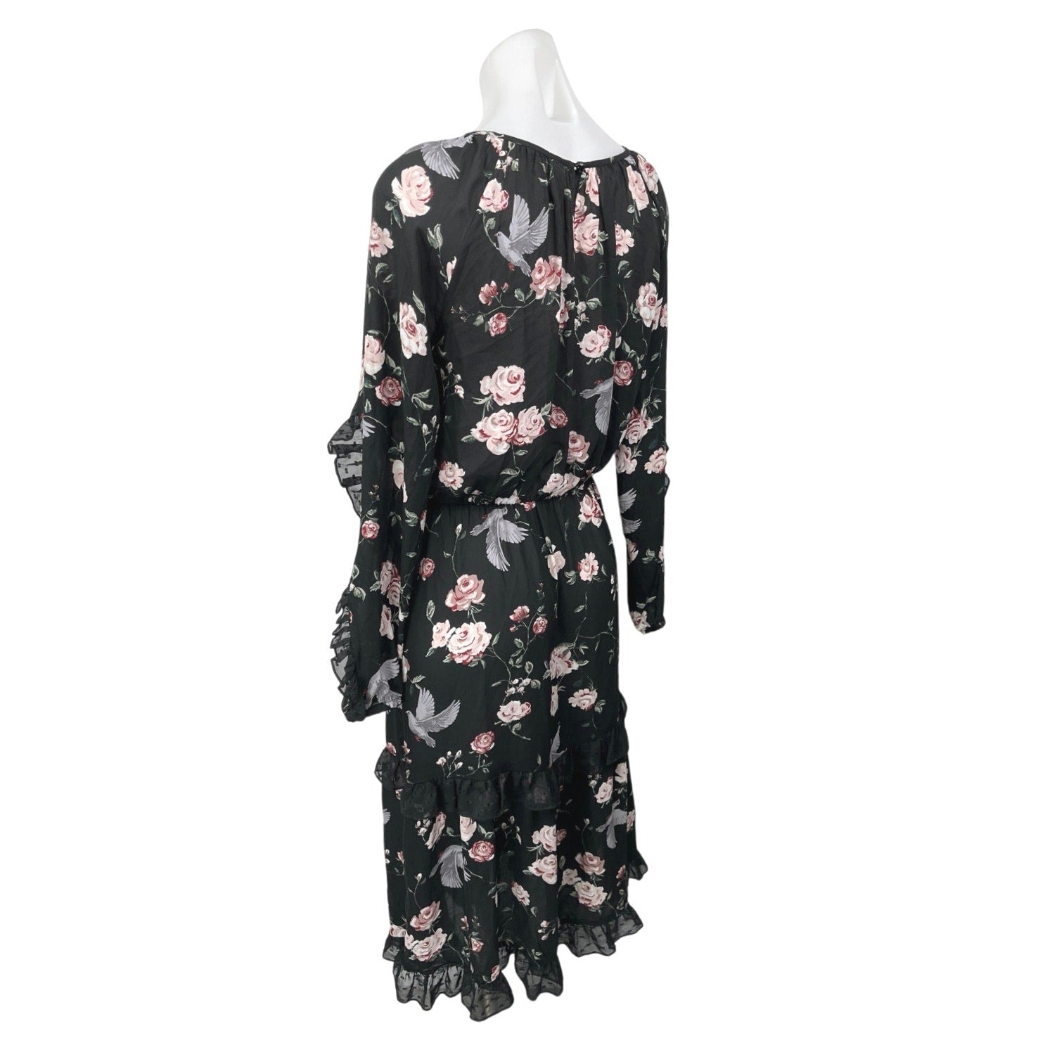 a line dress h&m H&M Divided Black Floral Ruffle Long Sleeve Tiered Midi Blouson A-Line  Dress 2