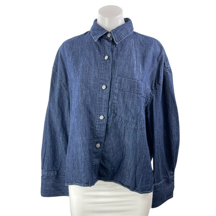 Zara Women's Blue Long Sleeve Chest Pocket Career Button Down Shirt Top Size M