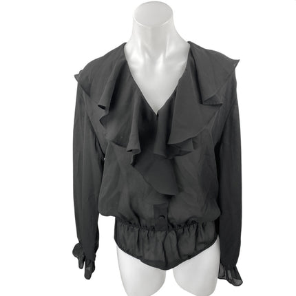 Liz Claiborne Black Long Sleeve Ruffle Collar V Neck Blouse Bodysuit Top Size 8