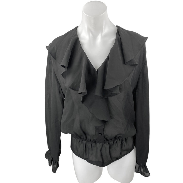 Liz Claiborne Black Long Sleeve Ruffle Collar V Neck Blouse Bodysuit Top Size 8