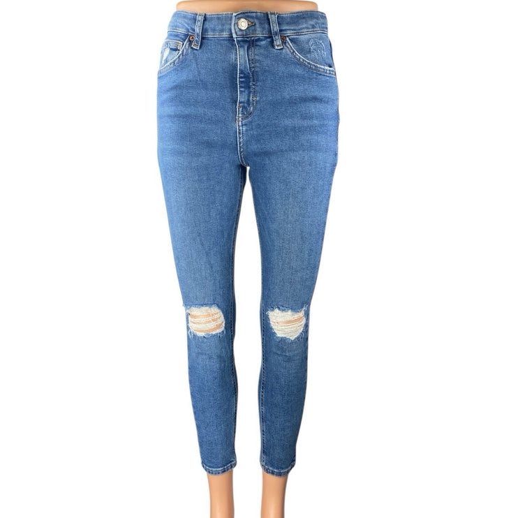Topshop Jamie Womens Blue Distressed High Rise Cropped Skinny Denim Jeans Sz 28