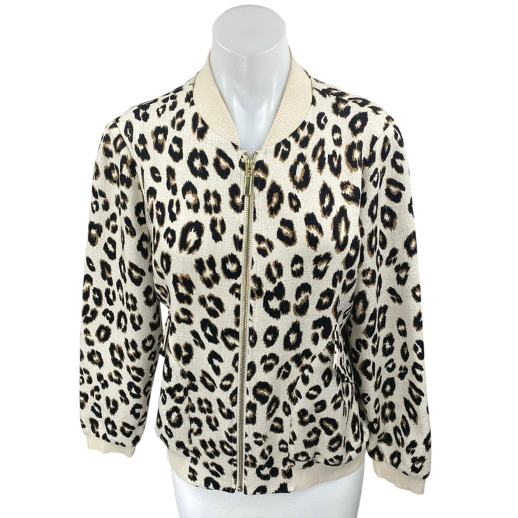 Chico's Cream Black Long Sleeve Knit Leopard Zip Up Cardigan Sweater Top Size 1