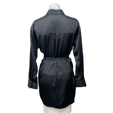 Abercrombie & Fitch Black Satin Long Sleeve Belted Button Down Shirt Dress Sz S