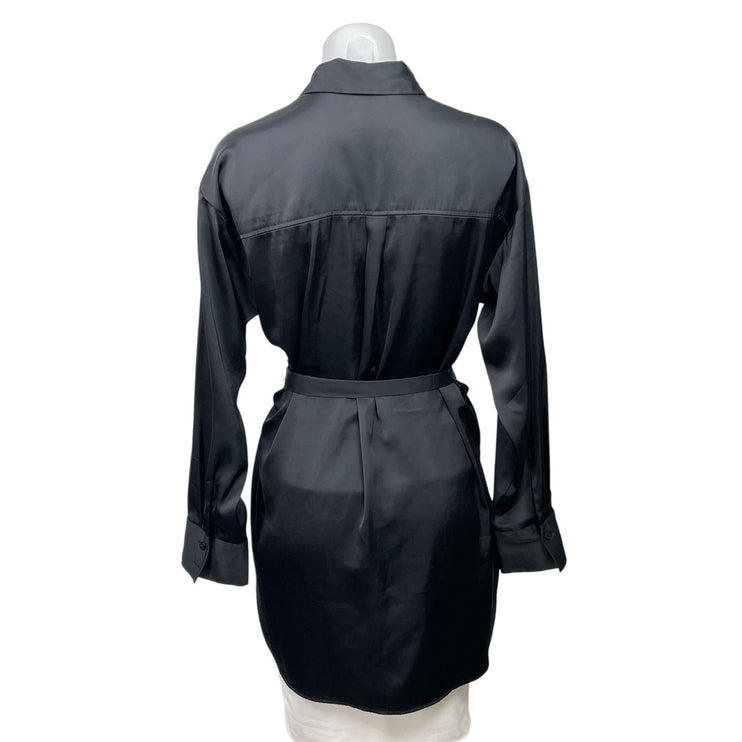 Abercrombie & Fitch Black Satin Long Sleeve Belted Button Down Shirt Dress Sz S