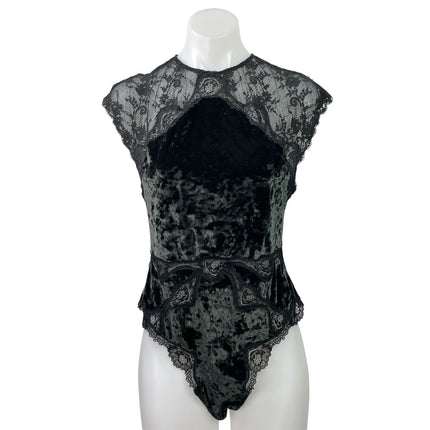 Victoria's Secret Black Floral Lace Velvet Velour Cutout Back Bodysuit Top Sz L