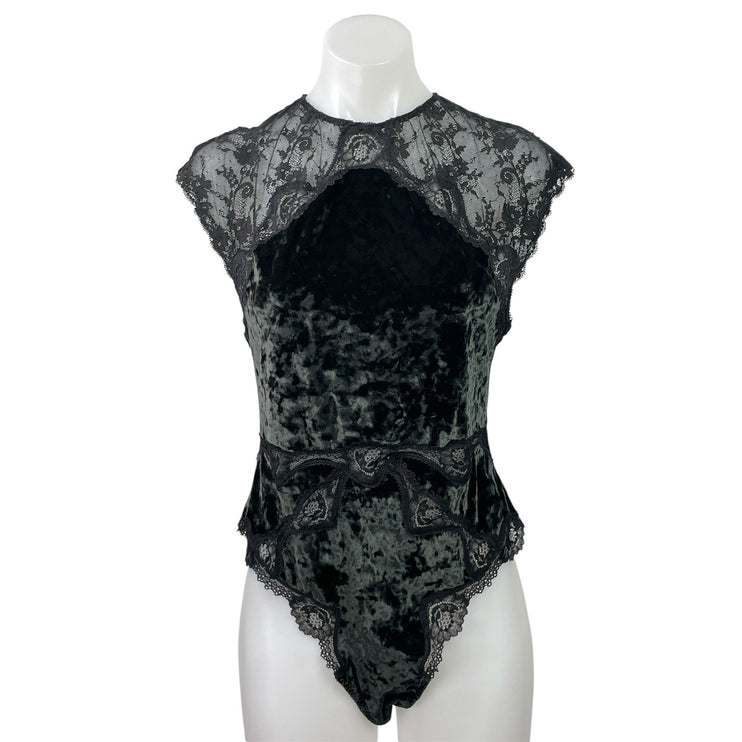 Victoria's Secret Black Floral Lace Velvet Velour Cutout Back Bodysuit Top Sz L