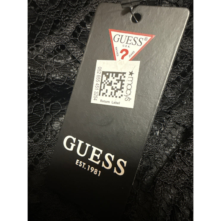 NEW Guess Black Floral Off The Shoulder Lace Ruffle Midi Bodycon Dress Size 14