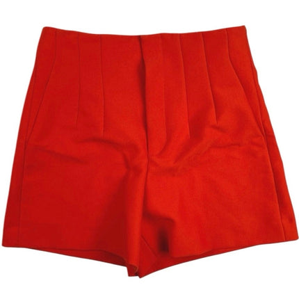 Zara Red High Rise Pleated Pockets Plain Stretch Zip Fly Casual Shorts Size XS