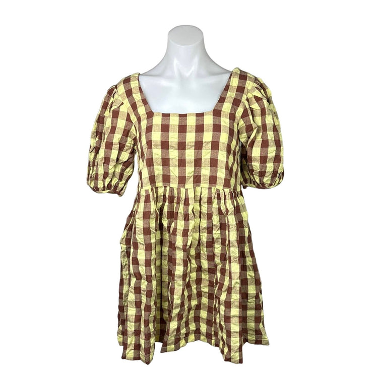 Collusion Yellow Brown Cotton Oversized Gingham Puff Sleeve Babydoll Dress Sz 2