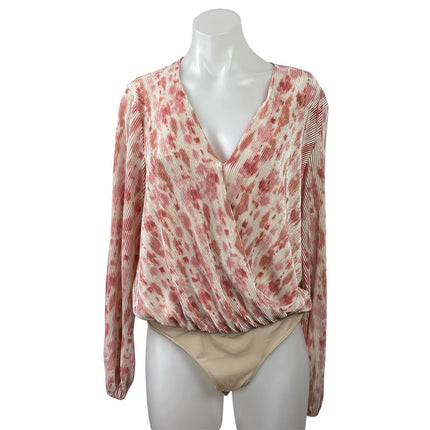 ASTR the Label Orange Plisse Pleated V-Neck Faux Wrap Long Sleeve Bodysuit Top M