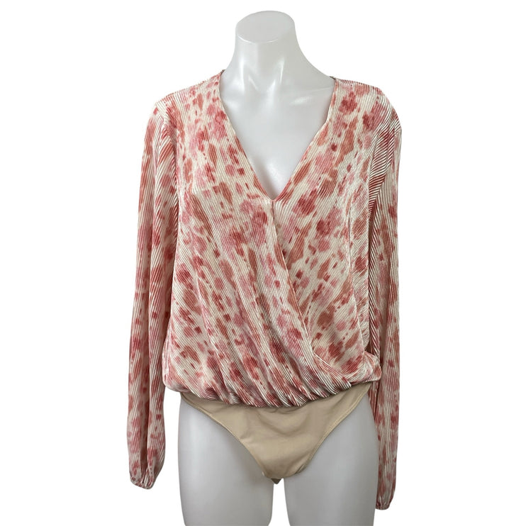 ASTR the Label Orange Plisse Pleated V-Neck Faux Wrap Long Sleeve Bodysuit Top M