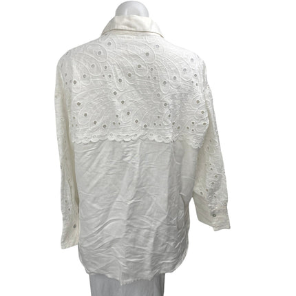 S. Oliver Women's White Linen Embroidered Eyelet Long Sleeve Button Down Shirt 6