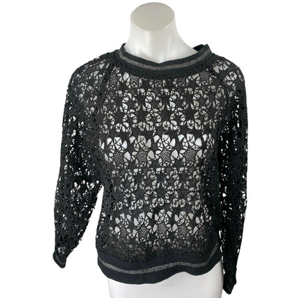 Zara Black Long Sleeve Star Open Knit Crochet Crew Neck Sweater Sweatshirt S