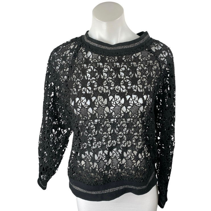 Zara Black Long Sleeve Star Open Knit Crochet Crew Neck Sweater Sweatshirt S