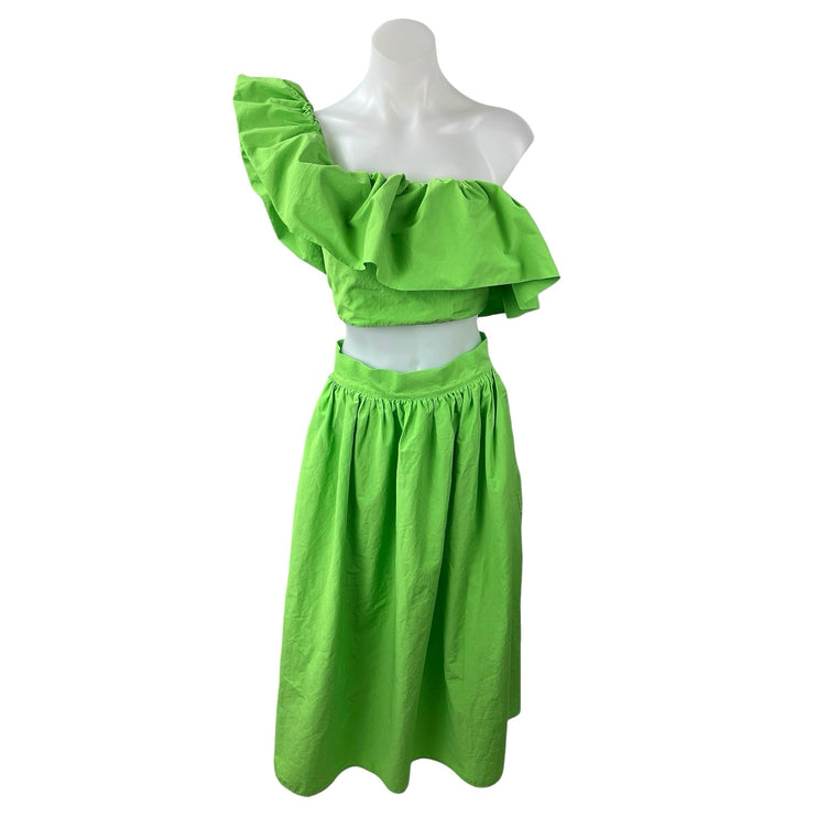 H&M Women's Green Flounced One Shoulder Crop Top Midi Flare A-Line Skirt Set 38