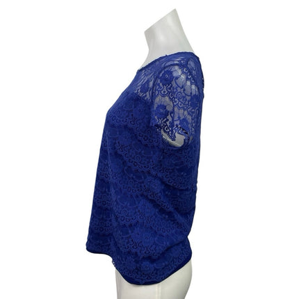 Splash Womens Blue Floral Lace Short Sleeve Round Neck Casual Blouse Top Size 14