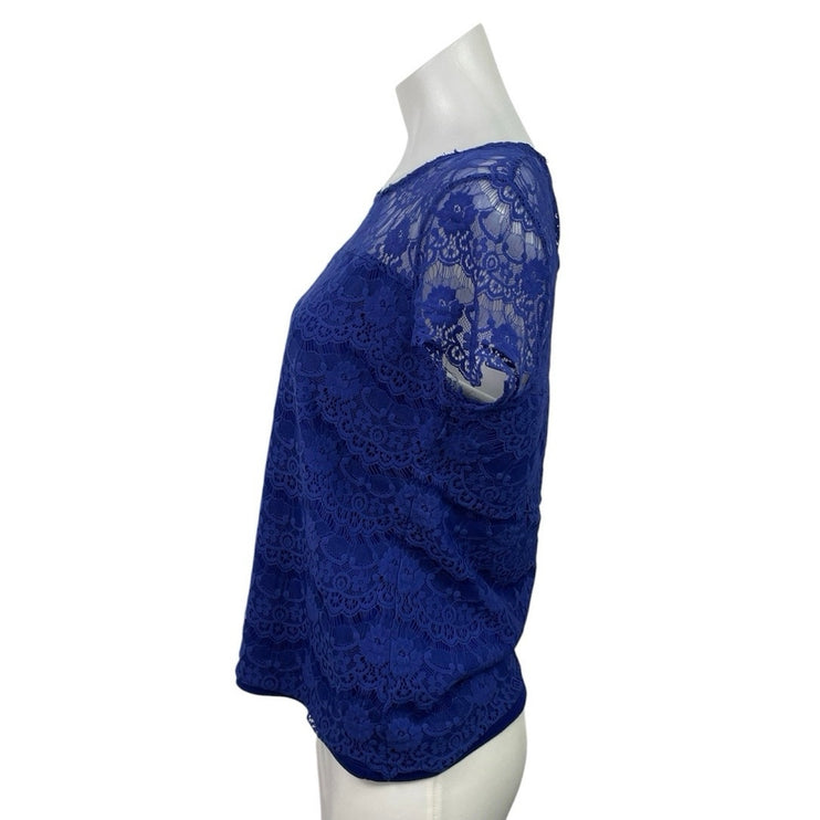 Splash Womens Blue Floral Lace Short Sleeve Round Neck Casual Blouse Top Size 14