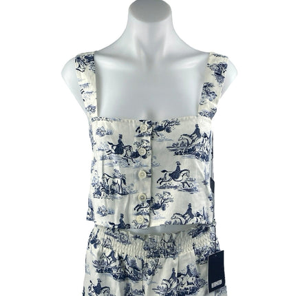 NEW Reformation 100% Linen White Blue Printed Crop Tank Top & Trousers Set Sz M