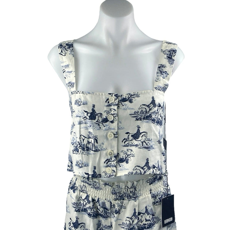 NEW Reformation 100% Linen White Blue Printed Crop Tank Top & Trousers Set Sz M