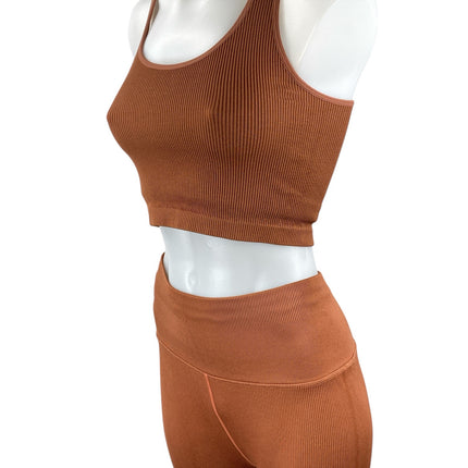 Spiritual Gangster Brown Ribbed Knit Athletic Top High Rise Legging 2 Pc Set M/L