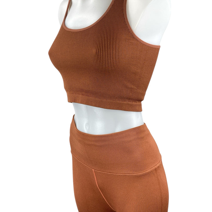 Spiritual Gangster Brown Ribbed Knit Athletic Top High Rise Legging 2 Pc Set M/L