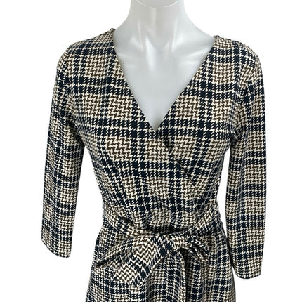 Lands' End Brown Houndstooth Plaid Faux Wrap Belted Mini A-line Dress Size 6-8