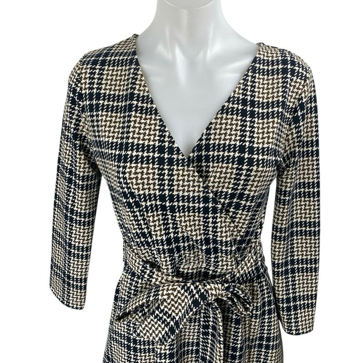 Lands' End Brown Houndstooth Plaid Faux Wrap Belted Mini A-line Dress Size 6-8