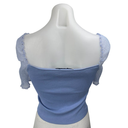 Zara Women's Blue Mesh Short Sleeve Ribbed Knit Sculpt Cropped Blouse Top Size S