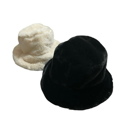 Women's Black Cream Faux Fur Fleece Soft Snow Winter Bucket Hat Cap Set of 2 OS