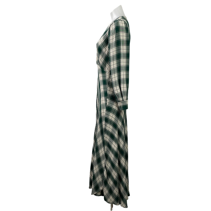 Next Women's Green Plaid Checkered Long Puff Sleeve V Neck Shirt Midi Dress 6