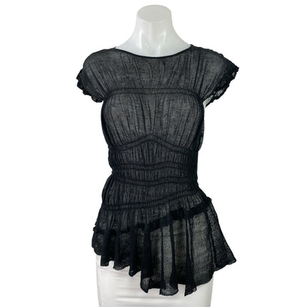 By Anthropologie Black Sheer Smocked Ruffled Asymmetrical Blouse Top Size S