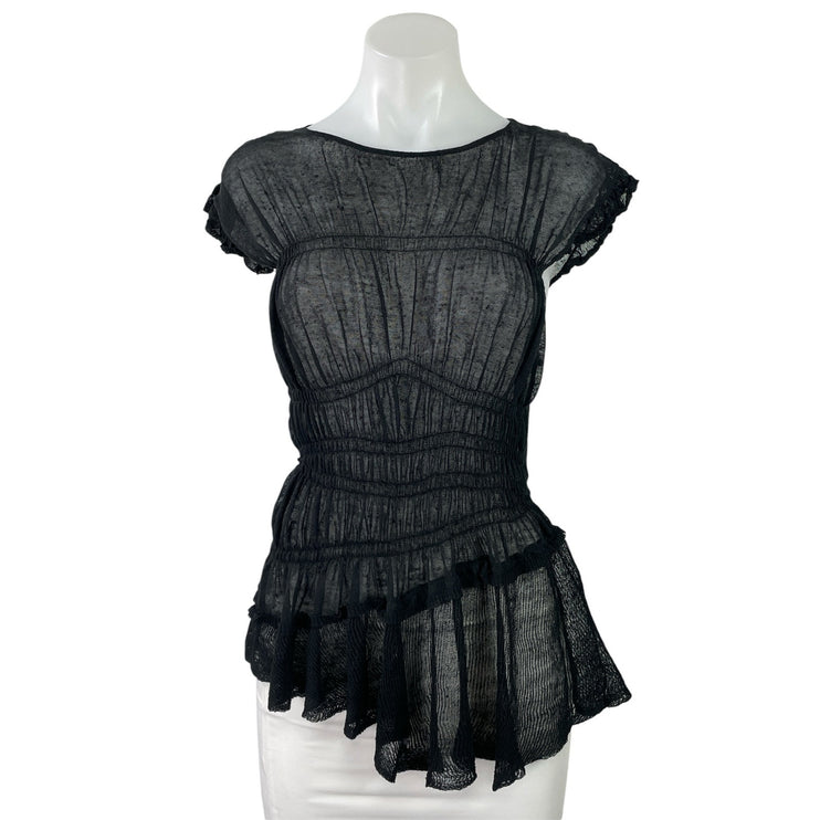 By Anthropologie Black Sheer Smocked Ruffled Asymmetrical Blouse Top Size S