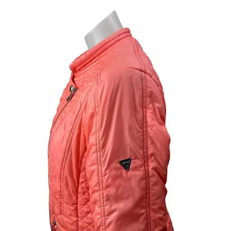 Guess Women's Coral Quilted Long Sleeve Full Zip Moto Biker Coat Jacket Size L