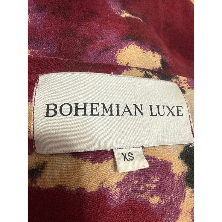 Bohemian Luxe 100% Silk Women Multicolor Abstract Long Sleeve Tee T-Shirt Top XS