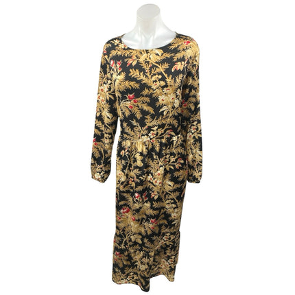 H&M Black Gold Floral Leaf Long Sleeve Tiered Ruffle Maxi Sheath Dress Size L
