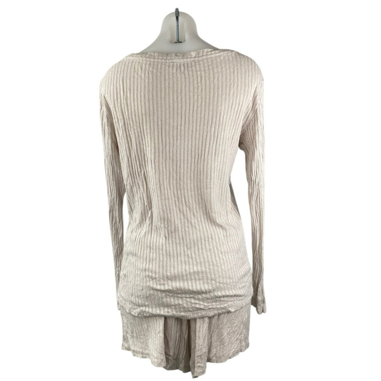 LOFT Women's Beige Rib Knit V-Neck Henley Sleepwear Lounge Pajama Set Size M