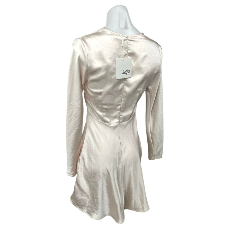 NEW Selfie Leslie Beige Champagne Silk Satin Long Sleeve A Line Mini Dress XS