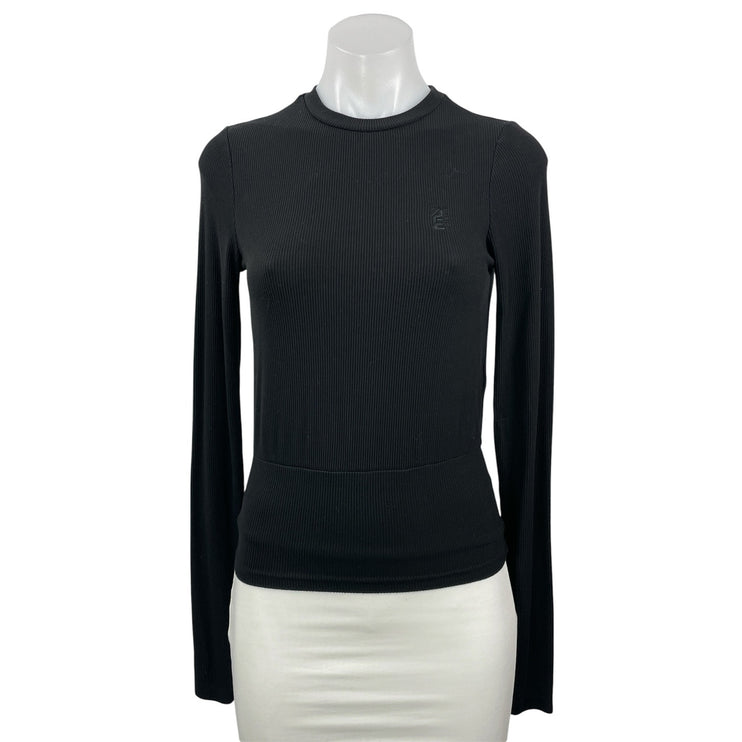 PE Nation Women's Black Ribbed Knit Crew Neck Long Sleeve T Shirt Tee Top Size S